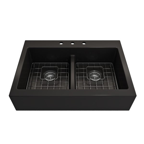 Bocchi Nuova 34" Matte Black Double Bowl Fireclay Drop-In Sink w/ Grids and Strainers