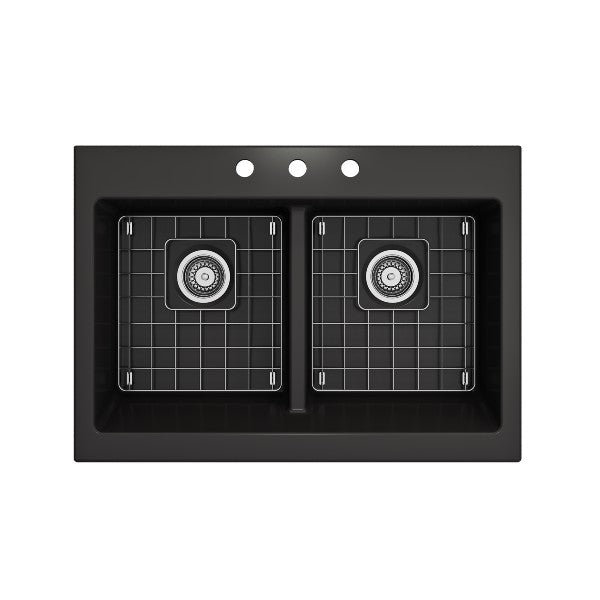 Bocchi Nuova 34" Matte Black Double Bowl Fireclay Drop-In Sink w/ Grids and Strainers
