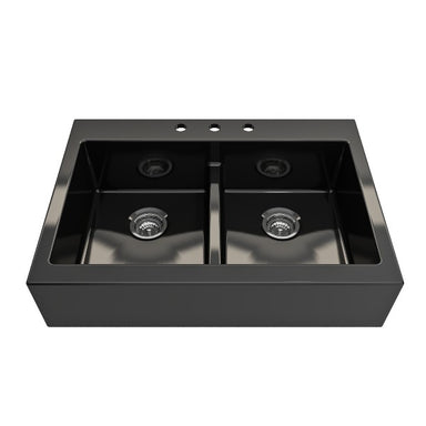 Bocchi Nuova 34" Black Double Bowl Fireclay Drop-In Sink w/ Grids and Strainers
