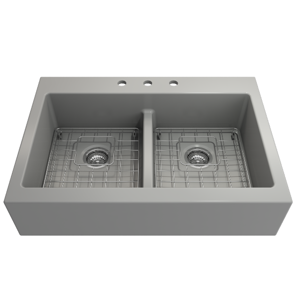 Bocchi Nuova 34" Matte Gray Double Bowl Fireclay Drop-In Sink w/ Grids and Strainers