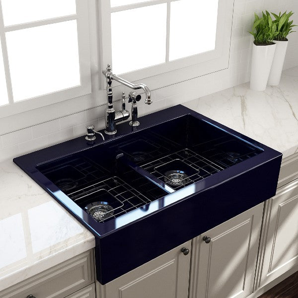Bocchi Nuova 34" Blue Double Bowl Fireclay Drop-In Sink w/ Grids and Strainers