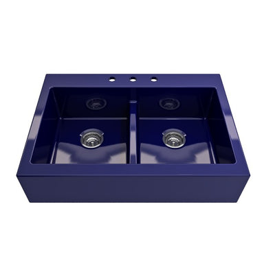 Bocchi Nuova 34" Blue Double Bowl Fireclay Drop-In Sink w/ Grids and Strainers