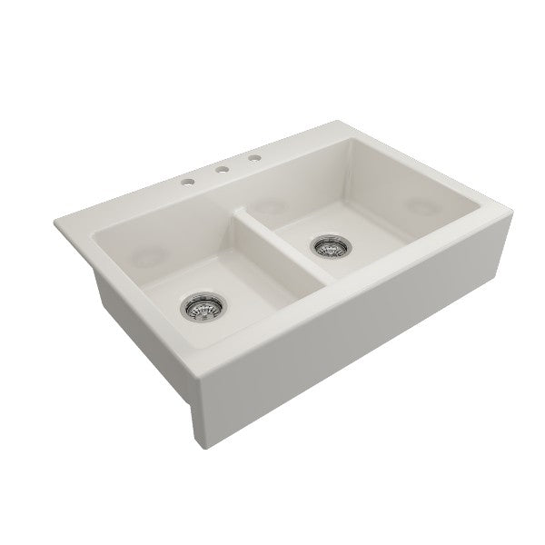 BOCCHI Nuova 34" Biscuit Double Bowl Fireclay Drop-In Sink w/ Grids and Strainers