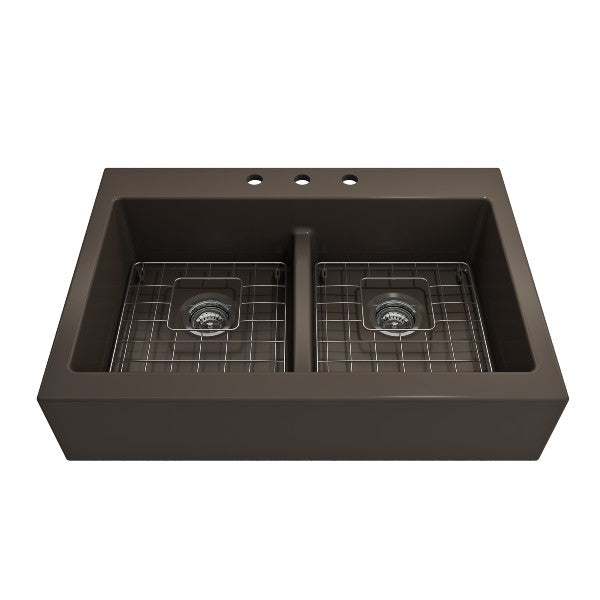 Bocchi Nuova 34" Matte Brown Double Bowl Fireclay Drop-In Sink w/ Grids and Strainers