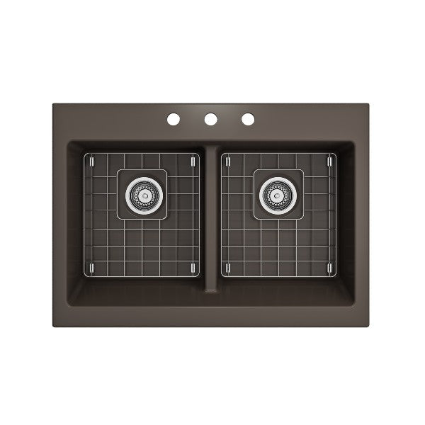 Bocchi Nuova 34" Matte Brown Double Bowl Fireclay Drop-In Sink w/ Grids and Strainers