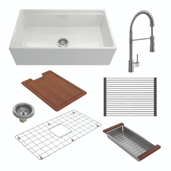 Contempo 33" White Single Bowl Fireclay Integrated Work Station Sink w/ Stainless Steel Faucet
