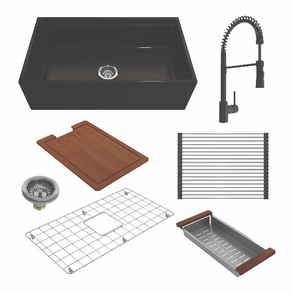 Contempo 33" Matte Black Single Bowl Fireclay Integrated Work Station Sink w/ Black Faucet
