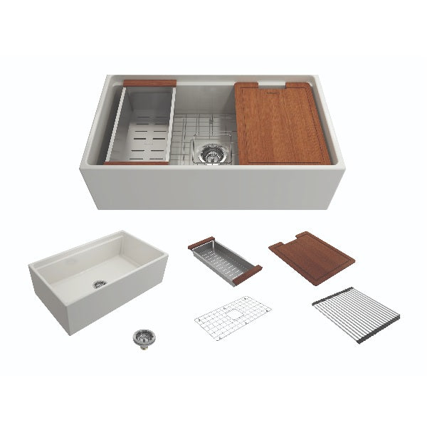 BOCCHI Contempo 33" Biscuit Single Bowl Fireclay Farmhouse Sink w/ Integrated Work Station