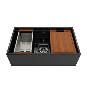 BOCCHI Contempo 33" Black Single Bowl Fireclay Farmhouse Sink w/ Integ ...