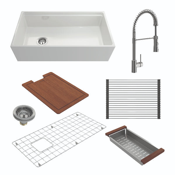 BOCCHI Contempo 36" White Fireclay Integrated Work Station with Stainless Steel Faucet