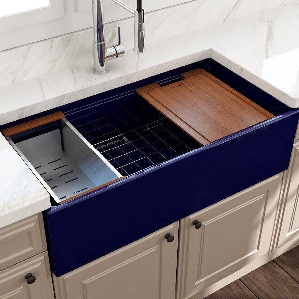 BOCCHI Contempo 36" Blue Single Bowl Fireclay Farmhouse Sink w/ Integrated Work Station