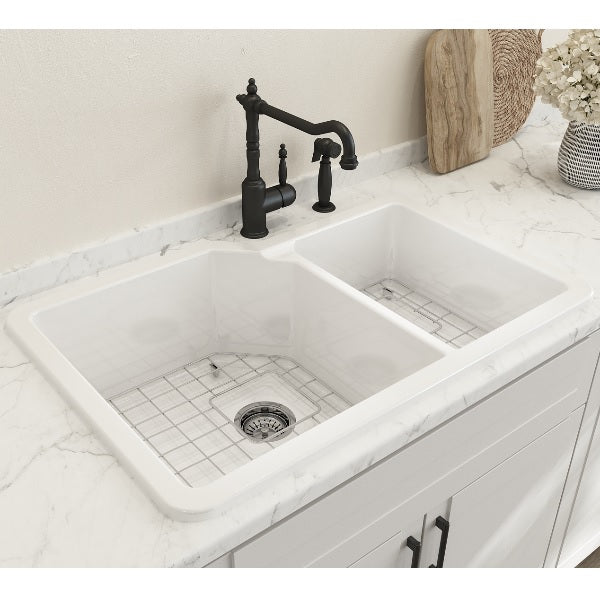 BOCCHI Sotto 33" White Double Bowl Fireclay Dual-Mount Kitchen Sink w/ Grid