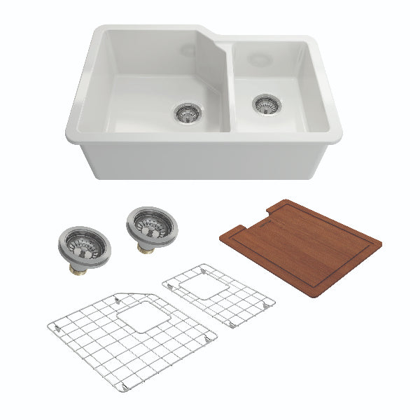 BOCCHI Sotto 33" White Fireclay Dual-Mount Kitchen Sink w/ Workstation Accessories