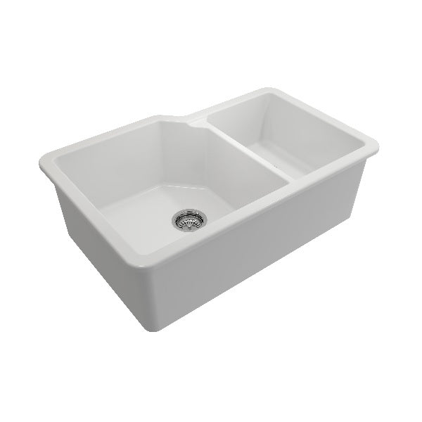 BOCCHI Sotto 33" Matte White Double Bowl Fireclay Dual-Mount Kitchen Sink w/ Grid