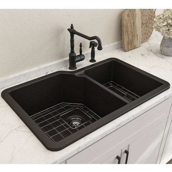 BOCCHI Sotto 33" Matte Black Double Bowl Fireclay Dual-Mount Kitchen Sink w/ Grid