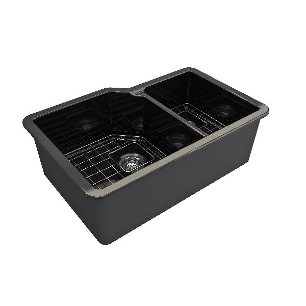 BOCCHI Sotto 33" Black Double Bowl Fireclay Dual-Mount Kitchen Sink w/ Grid