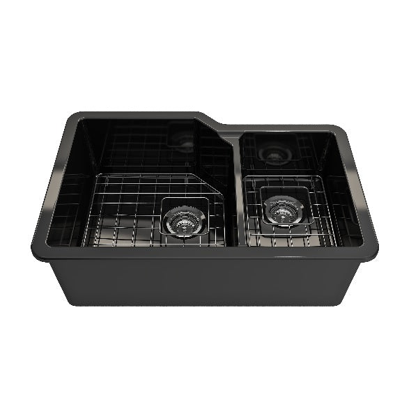 BOCCHI Sotto 33" Black Double Bowl Fireclay Dual-Mount Kitchen Sink w/ Grid