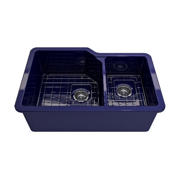 BOCCHI Sotto 33" Blue Double Bowl Fireclay Dual-Mount Kitchen Sink w/ Grid