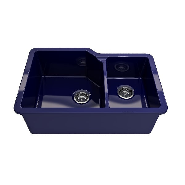 BOCCHI Sotto 33" Blue Double Bowl Fireclay Dual-Mount Kitchen Sink w/ Grid