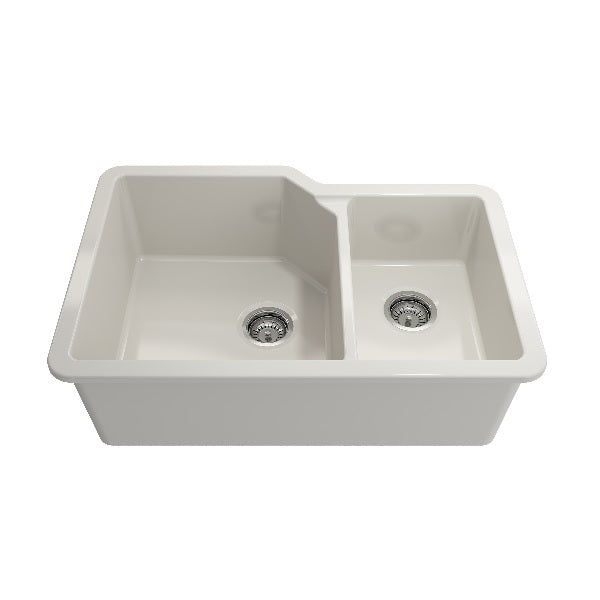 BOCCHI Sotto 33" Biscuit Double Bowl Fireclay Dual-Mount Kitchen Sink w/ Grid