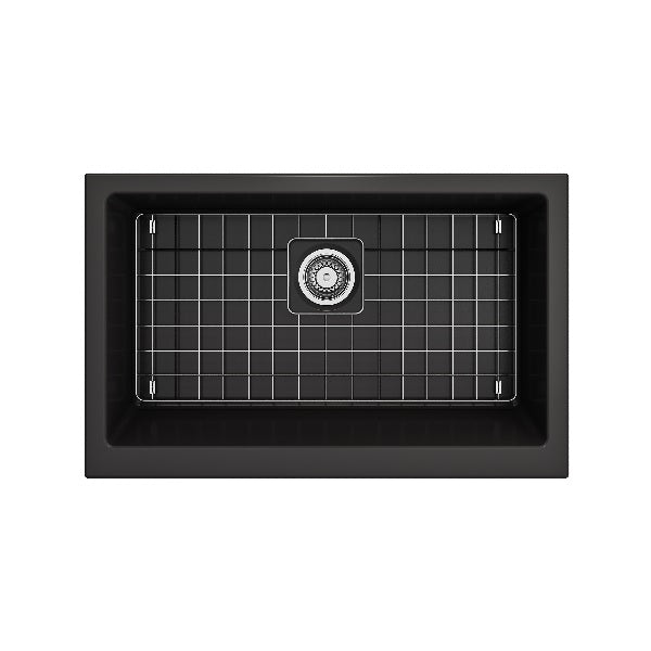 BOCCHI Nuova Pro 34" Matte Black Single Bowl Fireclay Farmhouse Sink with Grid