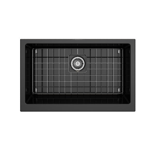 BOCCHI Nuova Pro 34" Black Single Bowl Fireclay Farmhouse Sink with Grid