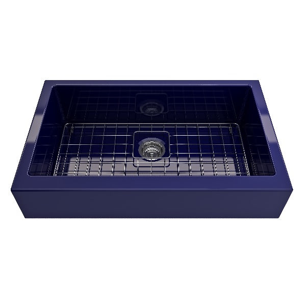 BOCCHI Nuova Pro 34" Sapphire Blue Single Bowl Fireclay Farmhouse Sink with Grid