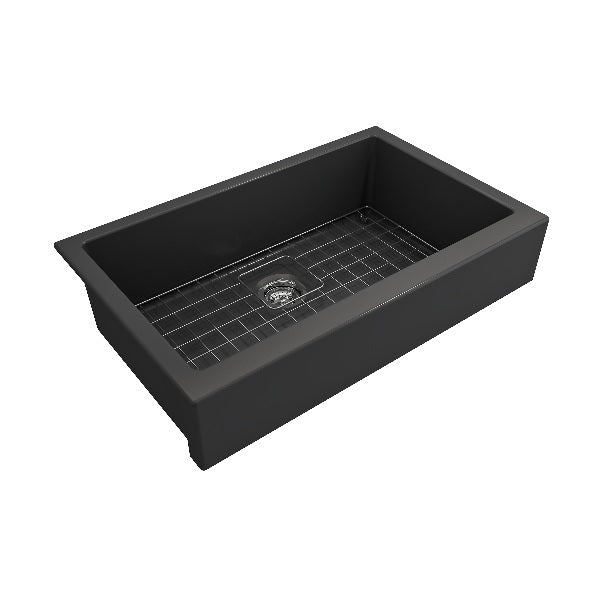 BOCCHI Nuova Pro 34" Dark Gray Single Bowl Fireclay Farmhouse Sink with Grid