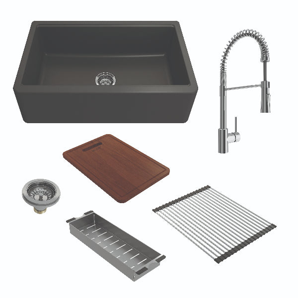 BOCCHI Arona 33" Matte Black Reversible Granite Integrated Workstation Sink with Chrome Faucet