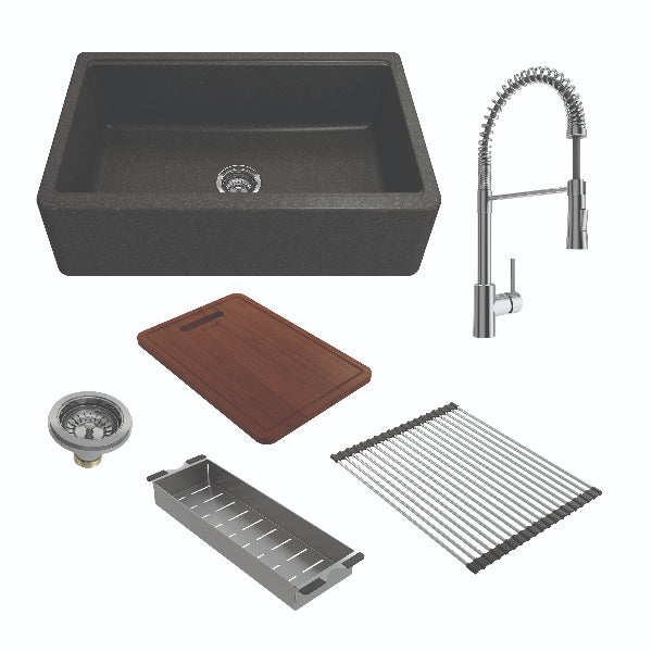 BOCCHI Arona 33" Metallic Black Reversible Granite Integrated Workstation Sink with Chrome Faucet