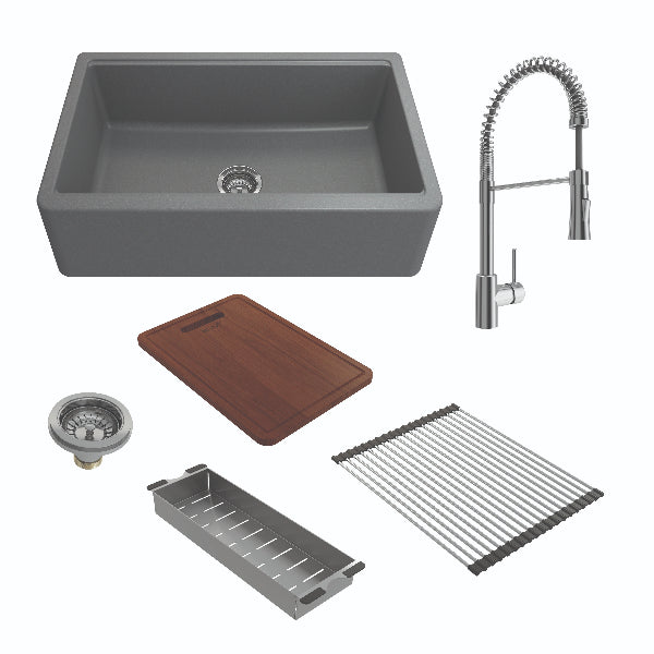 BOCCHI Arona 33" Concrete Gray Reversible Granite Integrated Workstation Sink with Chrome Faucet