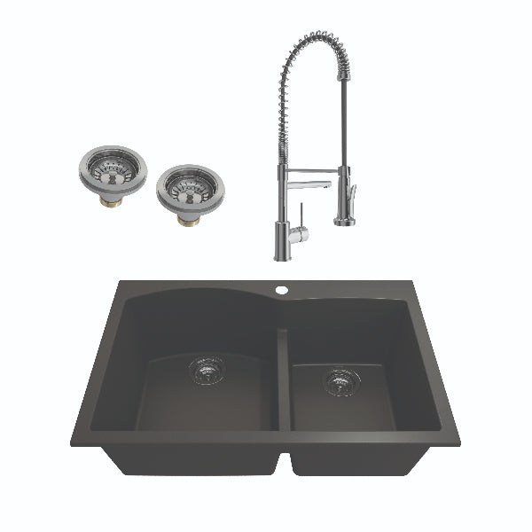 BOCCHI Campino 33D Matte Black 60/40 Double Bowl Granite Sink with Chrome Faucet