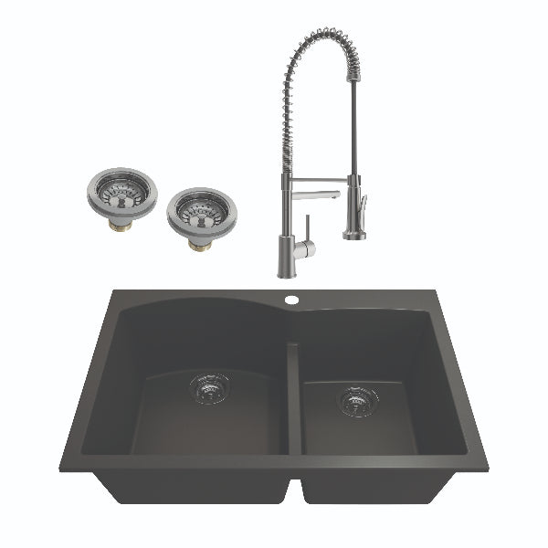 BOCCHI Campino 33D Matte Black 60/40 Double Bowl Granite Sink with Stainless Steel Faucet