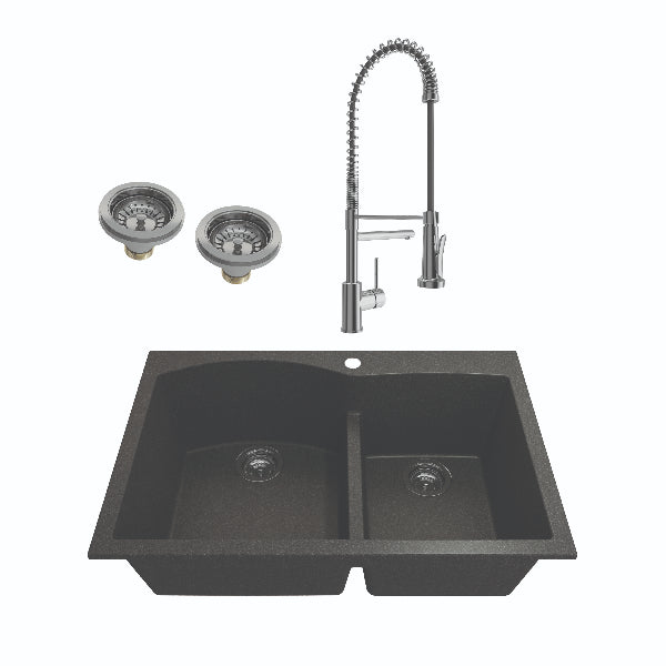 BOCCHI Campino 33D Metallic Black 60/40 Double Bowl Granite Sink with Chrome Faucet