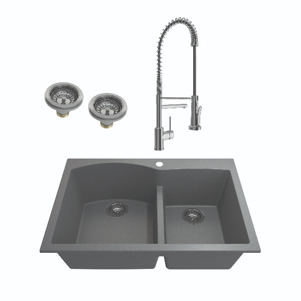 BOCCHI Campino 33D Concrete Gray Double Bowl Granite Undermount Sink w/ Chrome Faucet