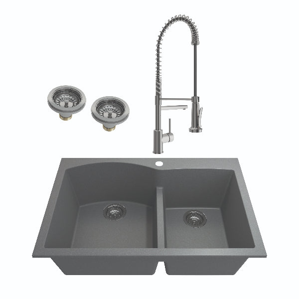 BOCCHI Campino 33D Concrete Gray Double Bowl Granite Undermount Sink w/ Stainless Steel Faucet