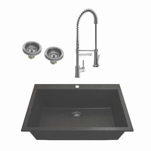 BOCCHI Campino Uno 33" Metallic Black Granite Undermount Sink w/ Chrome Faucet