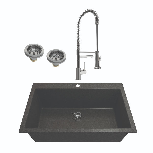 BOCCHI Campino Uno 33" Metallic Black Granite Undermount Sink w/ Stainless Steel Faucet