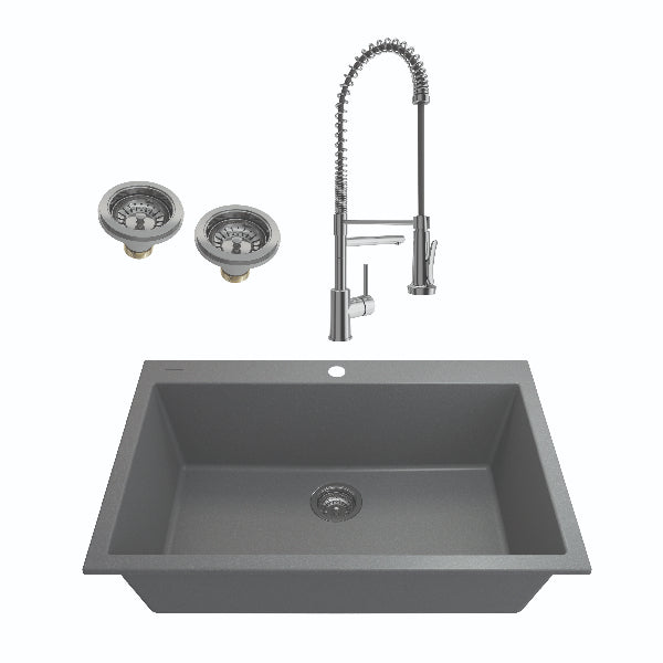 BOCCHI Campino Uno 33" Concrete Gray Granite Undermount Sink with Chrome Faucet