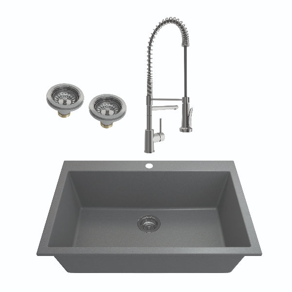 BOCCHI Campino Uno 33" Concrete Gray Granite Undermount Sink with Stainless Steel Faucet