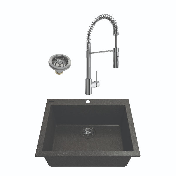 BOCCHI Campino Uno 24" Metallic Black Granite Undermount Sink with Chrome Faucet