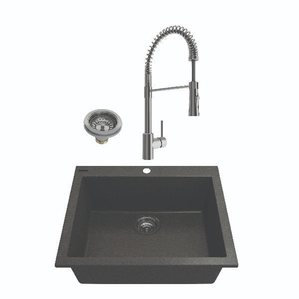 BOCCHI Campino Uno 24" Metallic Black Granite Undermount Sink with Stainless Steel Faucet