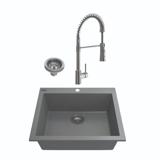 BOCCHI Campino Uno 24" Concrete Gray Granite Undermount Sink with Stainless Steel Faucet