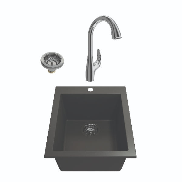 BOCCHI Campino Uno 16" Matte Black Granite Undermount Bar Sink with Chrome Faucet