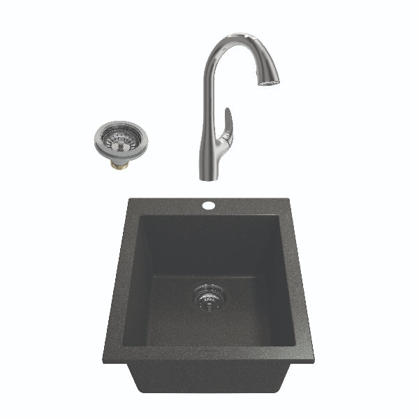 BOCCHI Campino Uno 16" Metallic Black Granite Undermount Bar Sink with Stainless Steel Faucet