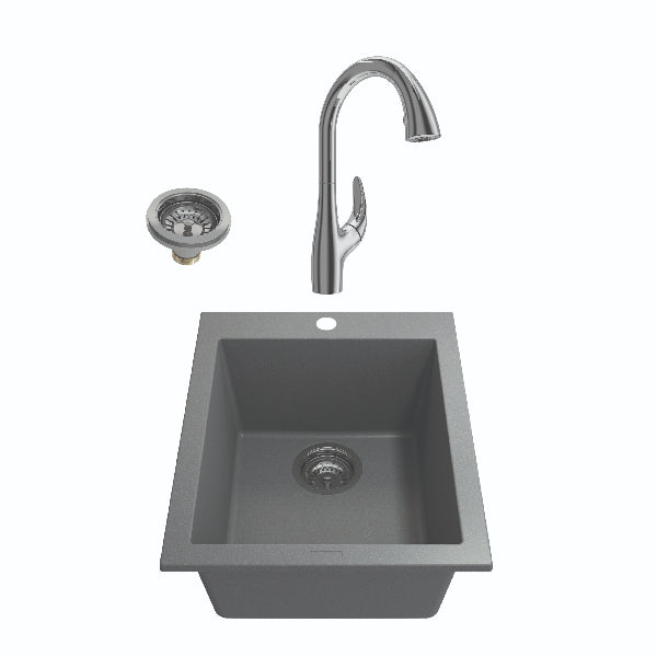 BOCCHI Campino Uno 16" Concrete Gray Granite Undermount Bar Sink with Chrome Faucet