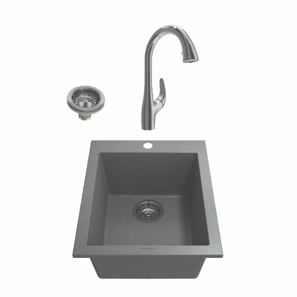 BOCCHI Campino Uno 16" Concrete Gray Granite Undermount Bar Sink with Stainless Steel Faucet
