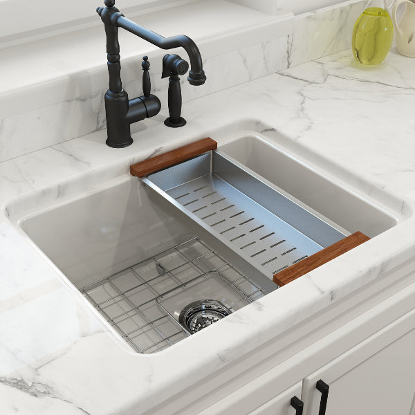 BOCCHI Sotto 24" White Single Bowl Fireclay Dual-Mount Kitchen Sink w/ Grid