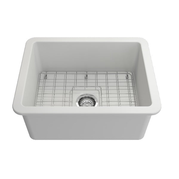 BOCCHI Sotto 24" Matte White Single Bowl Fireclay Dual-Mount Kitchen Sink w/ Grid