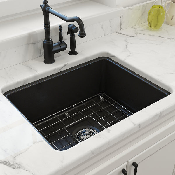 BOCCHI Sotto 24" Matte Black Single Bowl Fireclay Dual-Mount Kitchen Sink w/ Grid